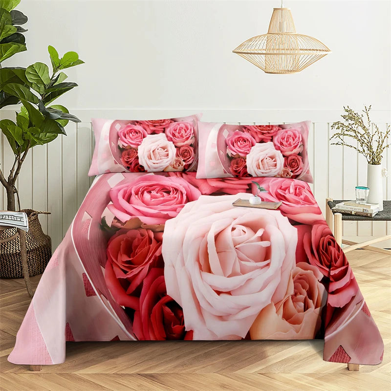 Juego de sábanas Queen con flores de rosas rojas, juego de cama para habitación de amantes de las niñas, sábanas y fundas de almohada, juego de sábanas planas