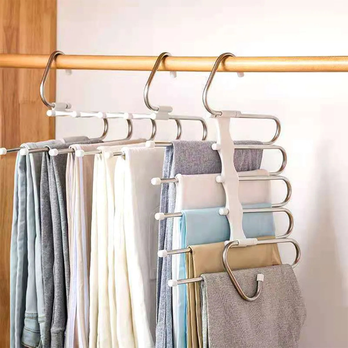 Stainless Steel Retractable Trouser Rack Folding Multi-functional Multi-layer Hanger Home Storage Clothes Drying Rack