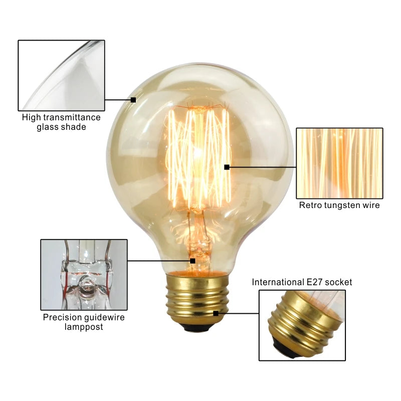 Ampoule rétro Edison E27 220V 40W, A60 ST58 ST64 T10 T45 T185 G80 G95, Ampoule Vintage à Filament, lampe spirale à incandescence