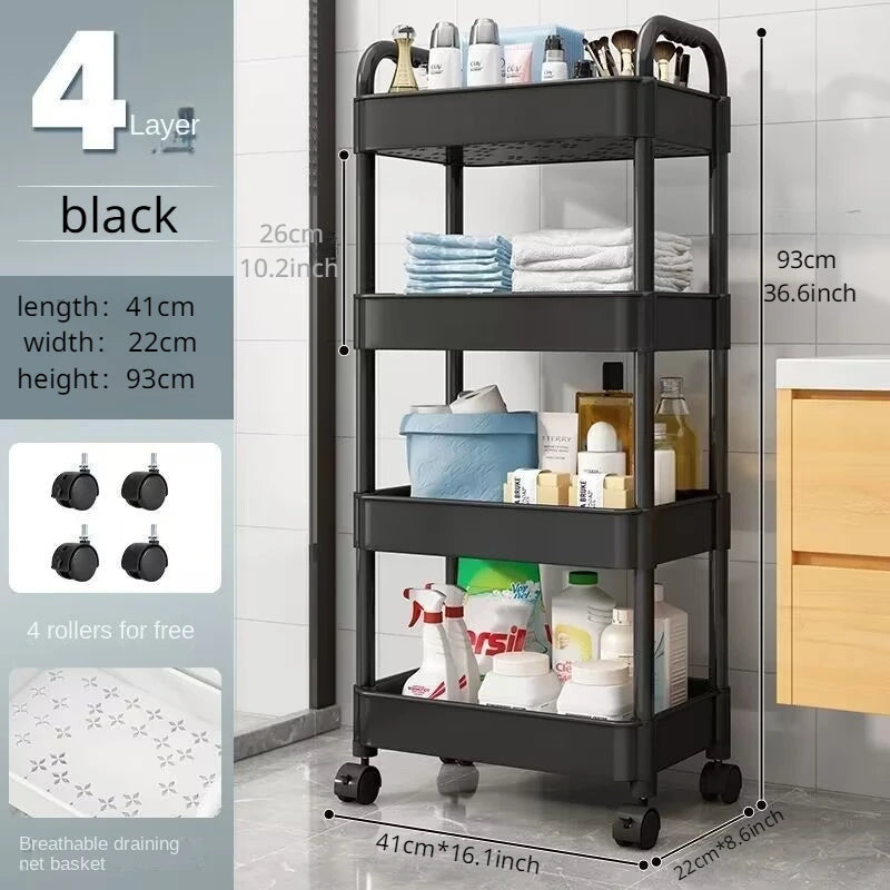 Trolley Organizer Auxiliary Cart With Wheels Kitchen Furniture Cabinet Storage Rack Mobile Plastic Bookshelf Vegetable Basket