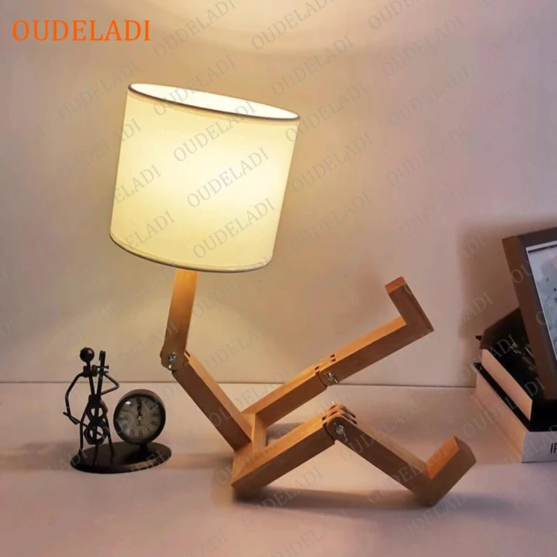 Lámpara de mesa de madera con forma de Robot, portalámparas E14 de 110-240V, arte moderno de tela, lámpara de mesa de escritorio de madera, luz nocturna para estudio interior y salón