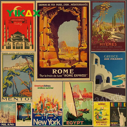 Affiche de voyage Villes Rome Egypte Art Peinture murale Rétro Impressions Vintage Maison Chambre Bar Café Décor Kraft Papier Esthétique Image