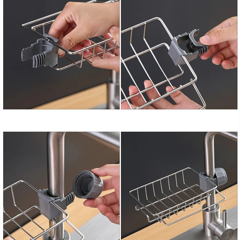 Rejilla para escurrir para fregadero de acero inoxidable para cocina, soporte para grifo de almacenamiento de esponja, escurridor de jabón, toallero, organizador, accesorios de cocina