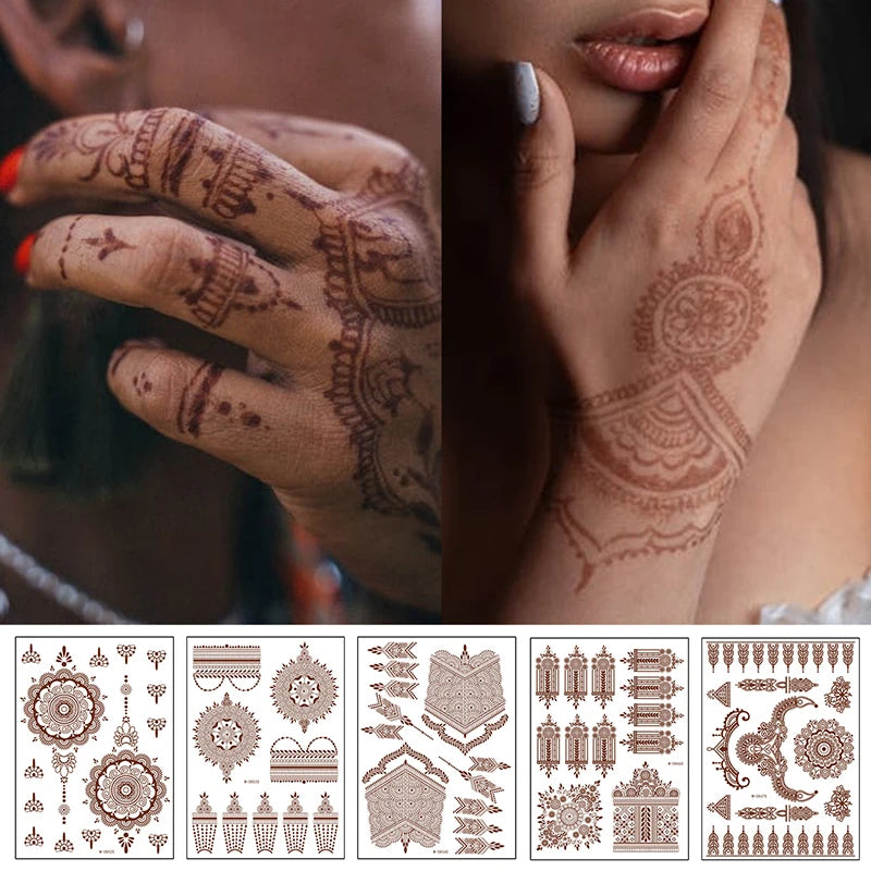 Henna Tattoo Brown Mehndi Stickers for Hand Temporary Tattoos Body Art Tatoo Waterproof for Women Fake Tatoo Hena Design