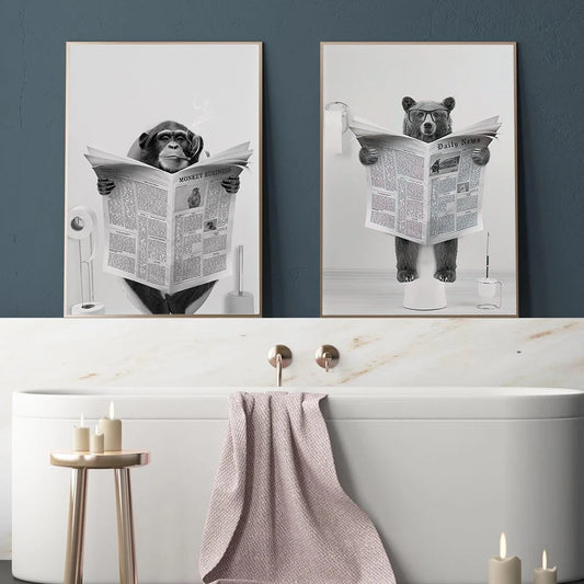 Pósteres de animales extravagantes, mono, oso en el baño, lectura de periódico, perezoso, pintura en lienzo para SPA, arte de pared de Humor divertido, decoración para el baño para niños