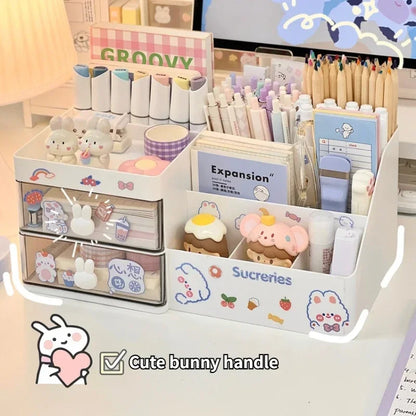 Desktop Cosmetic Storage Box Organizer Drawer Office Storage Rack Stationery Desk Pen Holder Bunny Drawer Organizer Cute Kawaii