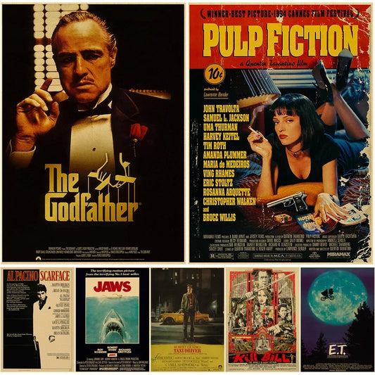 Pósteres de películas clásicas vintage, impresiones retro, póster de Pulp Fiction/El Padrino, película retro, decoración de la habitación del hogar, arte estético, pintura de pared