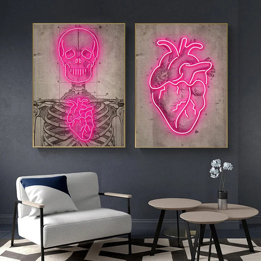 Nordic Vintage Wall Art Picture Mural Neon Effect Heart Skeleton Canvas Painting Posters and Prints Living Room Bar Home Decor