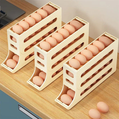 Caja de almacenamiento de huevos para refrigerador, soporte de desplazamiento automático para huevos, estante de almacenamiento de huevos enrollable dedicado para cocina de gran capacidad para el hogar