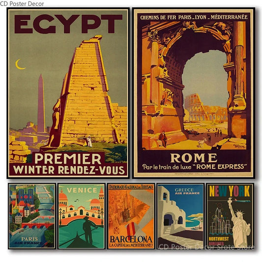 Póster de viaje, ciudades, Roma, Egipto, arte de pared, pintura, impresiones retro, decoración vintage para el hogar, habitación, bar, cafetería, papel Kraft, imagen estética