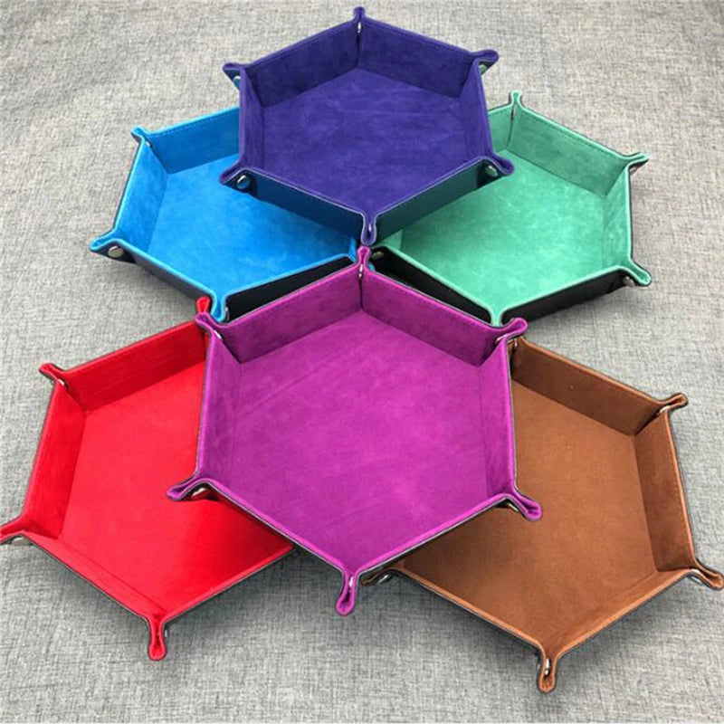 Rolling Folding Hexagon Dice Game Storage Tray Holder Double Sided Thick PU Leather&Velvet Dice Mat Office Supplies