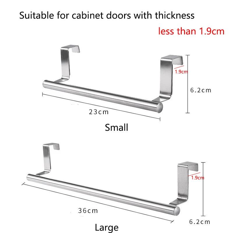 Barra de toalla para puerta de armario de cocina, soporte colgante para puerta trasera de acero inoxidable, ganchos para toallas sin perforaciones, organizador para el hogar