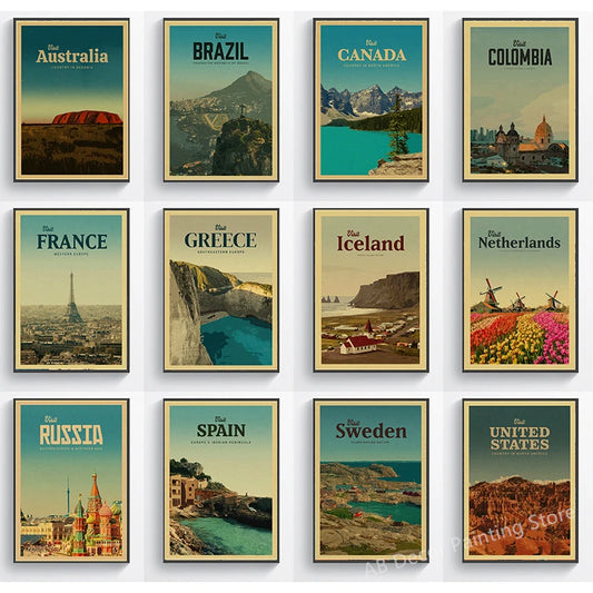 World Travel Country Poster Visit Spain/France/Canada/Russia/Sweden/Brazil Retro Print Vintage Home Room Decor Art Wall Painting