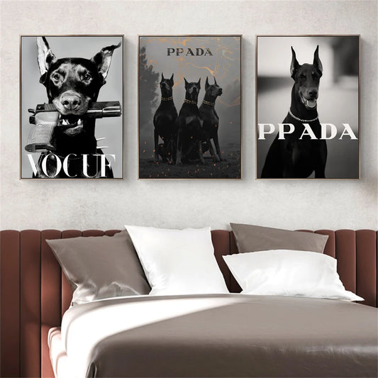 Póster Artístico de Doberman de moda de lujo, arte de pared de Doberman a la moda, arte Vintage en blanco y negro para habitación, decoración para dormitorio y sala de estar