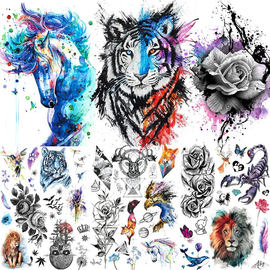 Aquarelle bleu licorne cheval temporaire tatouage autocollants femmes hommes Bdoy Art bras jambes faux Flash transfert d'eau tatouage ALZ-128