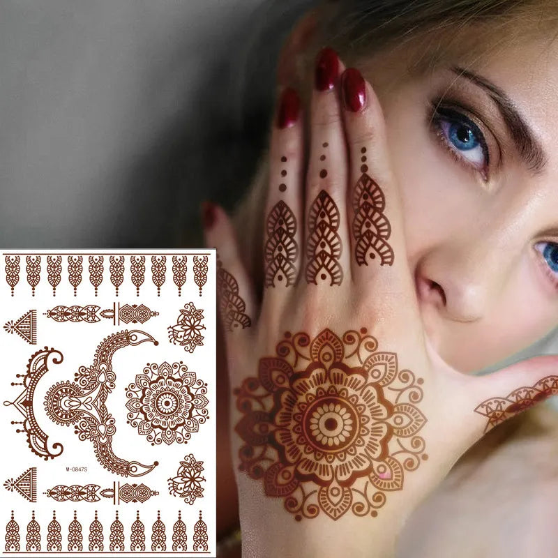 Henna Tattoo Brown Mehndi Stickers for Hand Temporary Tattoos Body Art Tatoo Waterproof for Women Fake Tatoo Hena Design