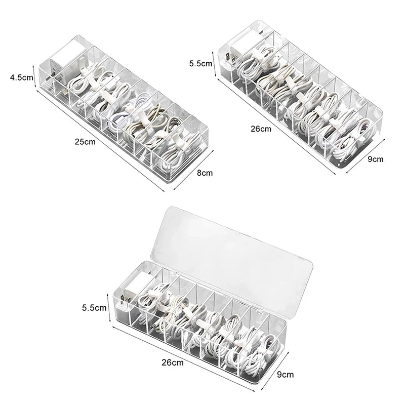 Caja organizadora de cables de carga transparente, caja de gestión de cables de datos, clasificador de cables USB, organizador y almacenamiento de accesorios de escritorio pequeños