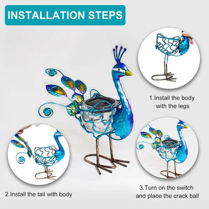 Solar Peacock Statue Light Solar Animal LED Lights Outdoor Solar Power Figurine Waterproof Metal Peacock Yard Art for Pathway