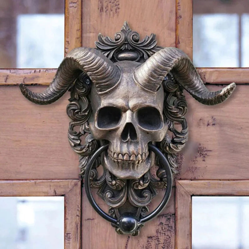 Resin Punk Satan Skull Sheep Head Ring Statues Wall Hanging Decoration Home Door knocker Interior Object Accessories