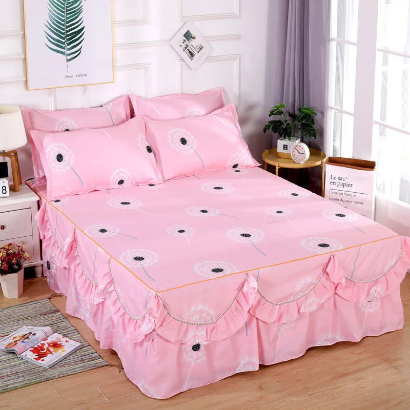 Princess 1-Piece RUFFLES Bedspread Dress Set - King/Queen Size Bed Sheets with Non-Slip Cover (1.5M/1.8M/2M) - Soft Home Bedding