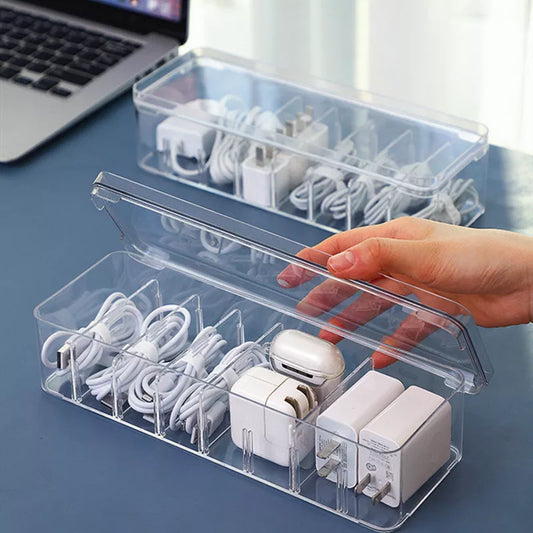 Caja organizadora de cables de carga transparente, caja de gestión de cables de datos, clasificador de cables USB, organizador y almacenamiento de accesorios de escritorio pequeños