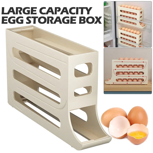 Caja de almacenamiento de huevos para refrigerador, soporte de desplazamiento automático para huevos, estante de almacenamiento de huevos enrollable dedicado para cocina de gran capacidad para el hogar