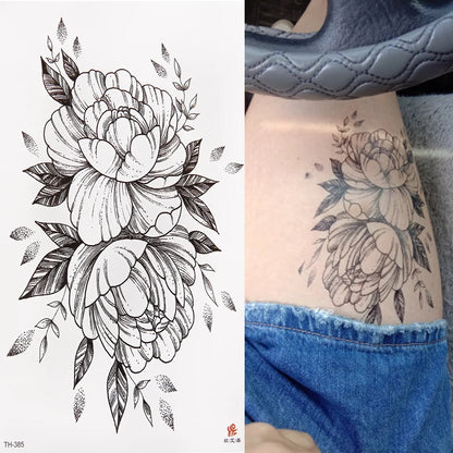 Tatuaje temporal a prueba de agua pegatina diseño de patrón de flores de rosas negras flor completa arte corporal para brazos pegatina de tatuaje falso grande 1 pieza