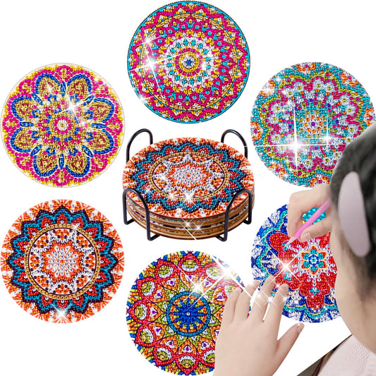 RUOPOTY 6 pièce/ensembles sous-verres de peinture diamant avec support sous-verres Mandala bricolage artisanat d'art diamant pour adultes Kits de diamant