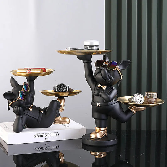 Resin Dog Statue Room Decor,Butler Sculpture with 2 Trays for Storage,French Bulldog Figurine Home Decoration,Table Ornaments