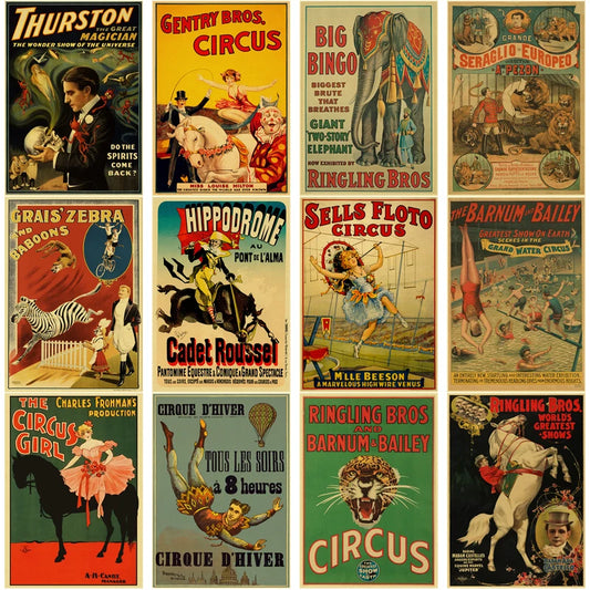 Pósteres Retro de circo, impresiones en papel Kraft del Salvaje Oeste, mago acróbata, decoración artística de pared estética para el hogar y la habitación, cuadro de pintura