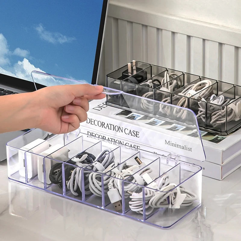 See-Through Charge Cable Organizer Box,Data Cable Management Box USB Cord Sorter, Small Desk Accessories Organizer and Storage