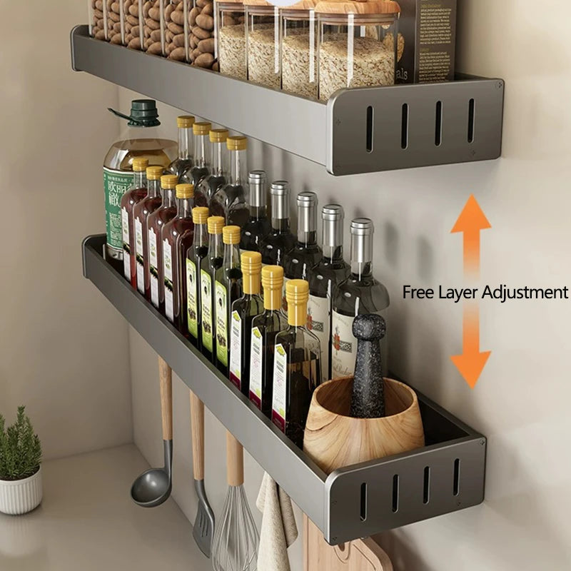 Estante organizador de especias para condimentos de cocina montado en la pared, estante de almacenamiento de cocina, organizadores de estantes de pared, estante con gancho colgante para cocina