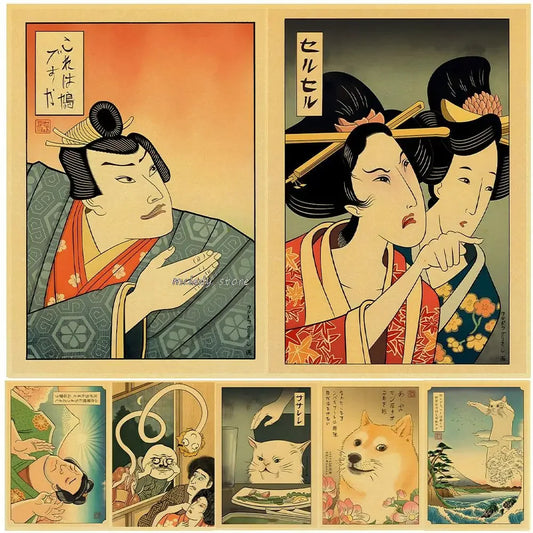 Pósteres vintage de geishas japonesas, divertidos carteles de estilo japonés con mujeres gritándole a un gato, pintura Kraft, arte de pared, decoración para sala de estar, habitación retro