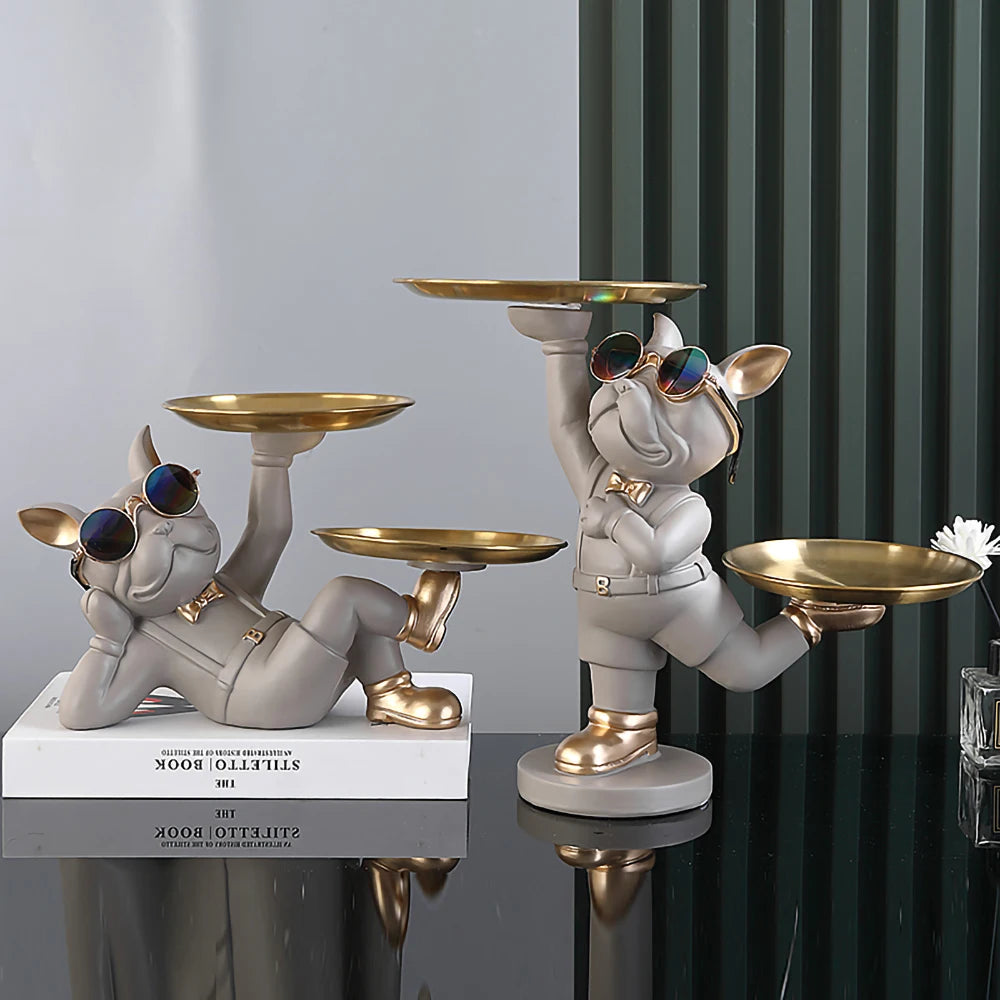 Statue de chien en résine, décoration de salle, Sculpture de majordome avec 2 plateaux pour le rangement, Figurine de bouledogue français, décoration de la maison, ornements de Table