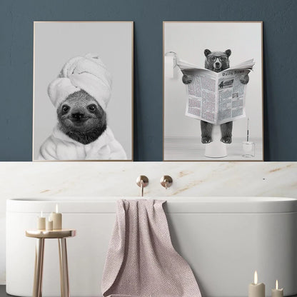 Whimsy Animals Monkey Bear In Toilet Reading Newspaper Posters Sloth SPA Canvas Painting Funny Humor Wall Art Kid Bathroom Decor