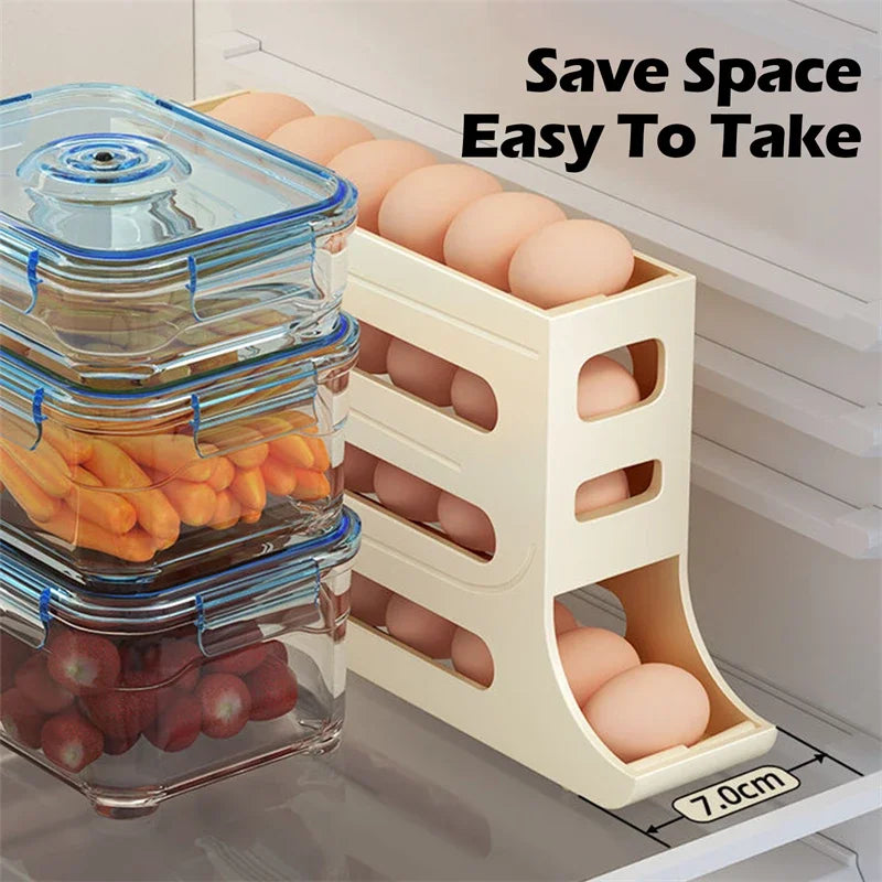 Caja de almacenamiento de huevos para refrigerador, soporte de desplazamiento automático para huevos, estante de almacenamiento de huevos enrollable dedicado para cocina de gran capacidad para el hogar