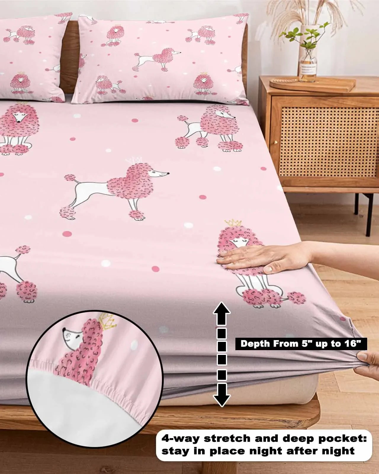 Poodle Polka Dot Cartoon Pink Queen Size Bed Mattress Fitted sheet Elastic Rubber Band Non-slip Bed Sheet Pillowcase Set