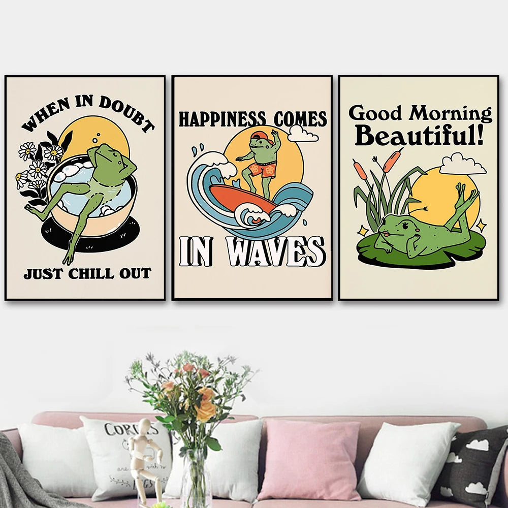 Eres exactamente divertido cartel de setas Retro 70s Groovy Hippie Ball Dancing Frogs lienzo pintura pared imágenes artísticas decoración del hogar