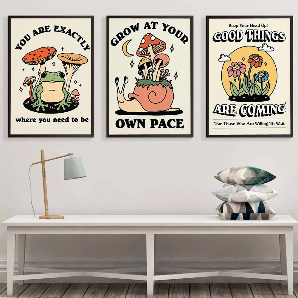 You Are Exactly Funny Mushroom Poster Retro 70s Groovy Hippie Ball Dancing Frogs Canvas Painting Wall Art Pictures Home Decor