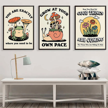 Affiche de champignon rétro des années 70, vous êtes exactement drôle, boule Hippie Groovy, grenouilles dansantes, peinture sur toile, images d'art murales, décoration de maison