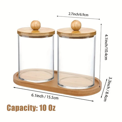 2 PCS Qtip Holder Dispenser with Bamboo Lids  Tray, 10 Oz Cotton Swab Holder Cotton Ball Organizer, Apothecary Jars Bathroom Sto