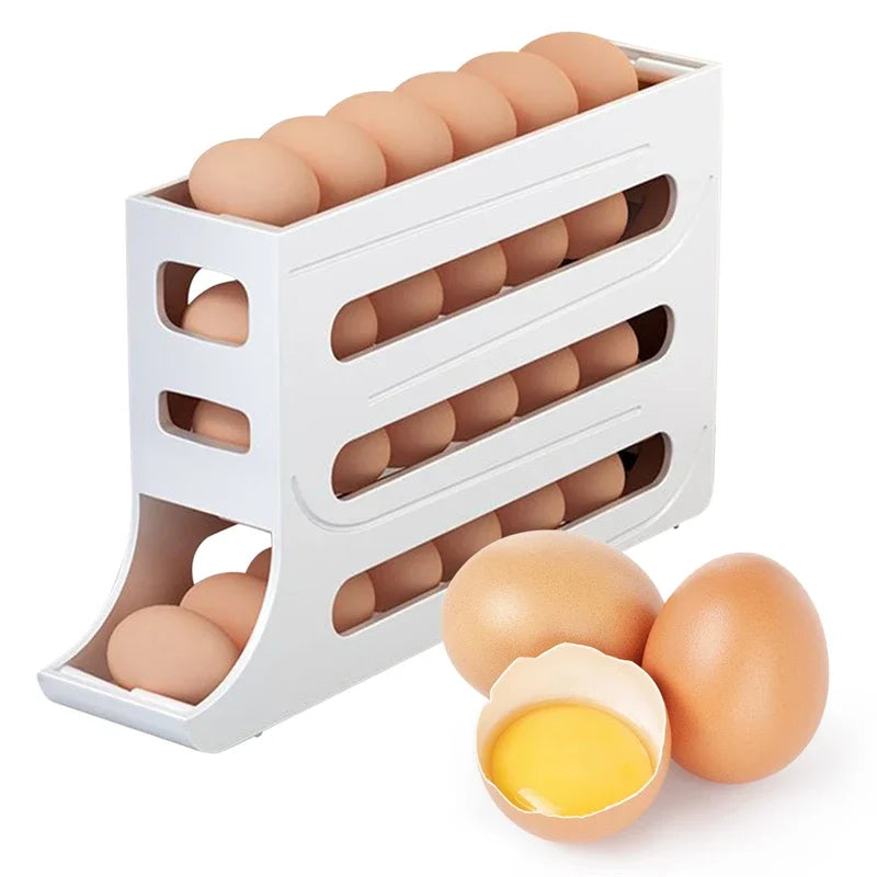 Caja de almacenamiento de huevos para refrigerador, soporte de desplazamiento automático para huevos, estante de almacenamiento de huevos enrollable dedicado para cocina de gran capacidad para el hogar