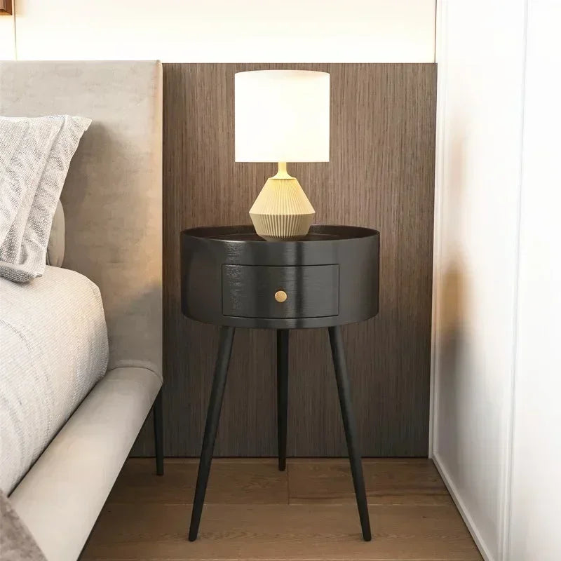 Versatile Circular Nightstands: Minimalist Modern Bedroom Easy Install Black Walnut Bedside Table Space-Saving Design