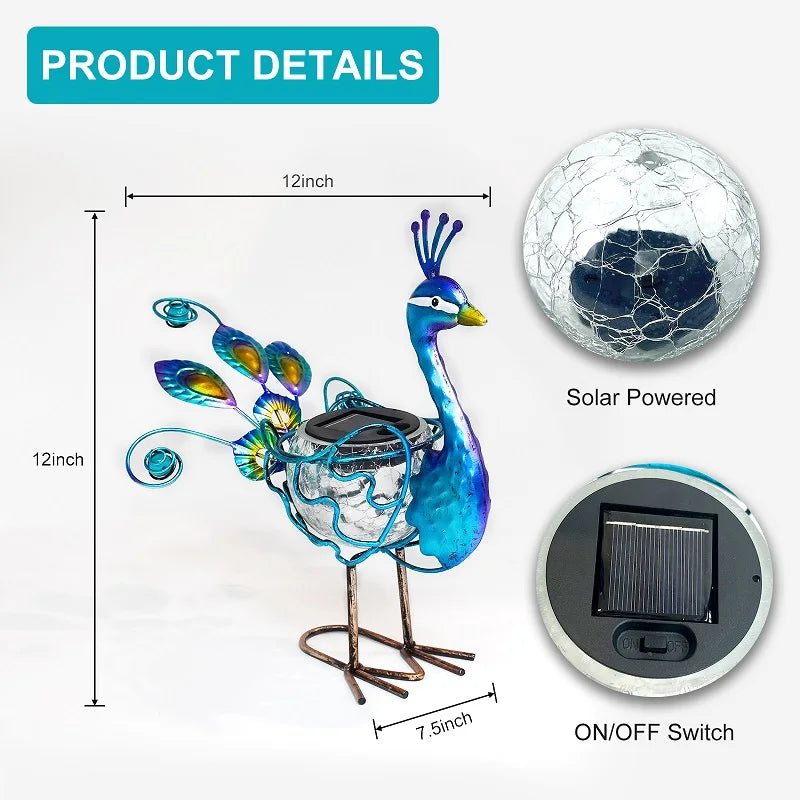 Solar Peacock Statue Light Solar Animal LED Lights Outdoor Solar Power Figurine Waterproof Metal Peacock Yard Art for Pathway