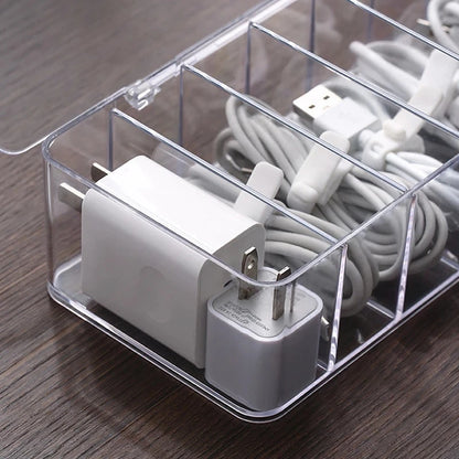 See-Through Charge Cable Organizer Box,Data Cable Management Box USB Cord Sorter, Small Desk Accessories Organizer and Storage