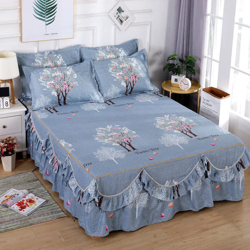 Princess 1-Piece RUFFLES Bedspread Dress Set - King/Queen Size Bed Sheets with Non-Slip Cover (1.5M/1.8M/2M) - Soft Home Bedding