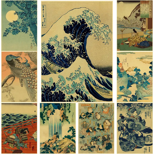 Affiche d'art japonaise Vintage, vue de soirée sur le mont/Kanagawa/grande vague/grenouille/oiseau/cascade, imprimés, décoration de salle de maison, peinture murale artistique