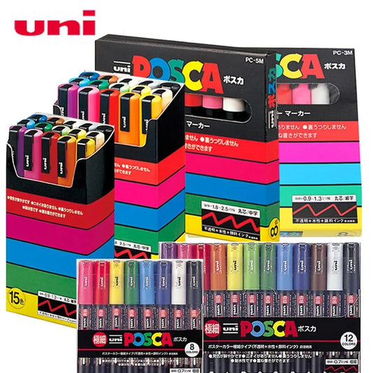 Uni Posca Paint Marker Pens Set PC-1M PC-3M PC-5M 7/8/15 POP Poster Colour Water-Based Pigment Ink with Original Vinyl Pen Case