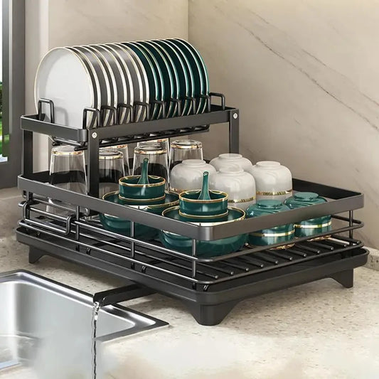 Escurridor de platos de acero inoxidable, organizador de platos de cocina ajustable con escurridor sobre fregadero, encimera, soporte de almacenamiento de cubiertos