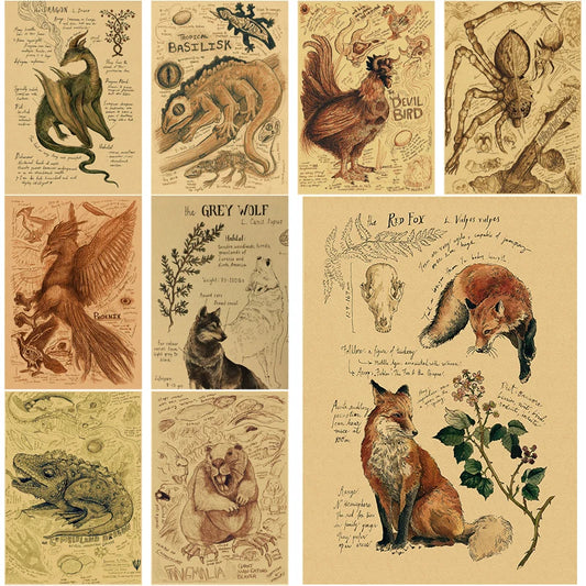 Retro Dragon//Fox/Dog/Wolf/Bird/Bear Posters Prints Nostalgic Animal Natural Study Vintage Home Room Art Wall Decor Painting